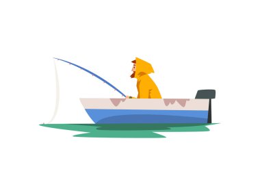 Motorlu teknede Rod ile balıkçı balıkçılık, yağmurluk ve kauçuk Boots Fishman karakter vektör Illüstrasyon