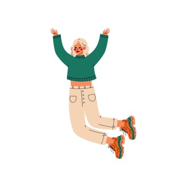 Sarışın kız mutlu atlama kutlamak önemli olay, dans partisi, dostluk, spor kavramı vektör Illustration