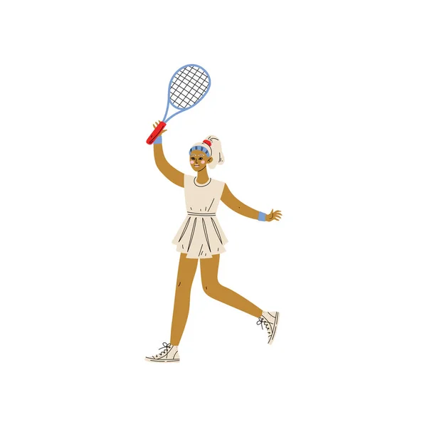 Молодая женщина играет в теннис, профессиональный спортивный женский персонаж с векторной иллюстрацией ракетки — стоковый вектор