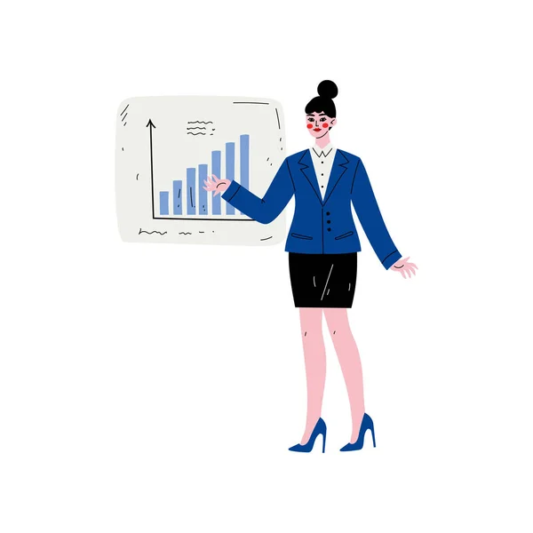 Empresária Vestindo Roupas Formais Apontando para Whiteboard com Gráfico de Crescimento na Apresentação, Feminino Business Character Vector Illustration — Vetor de Stock