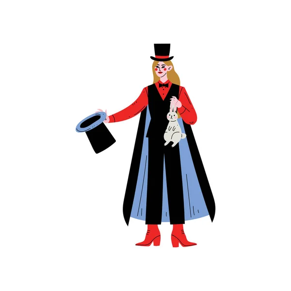 Female Magician Character Holding Top Hat and Rabbit Vector Illustration — Stock Vector