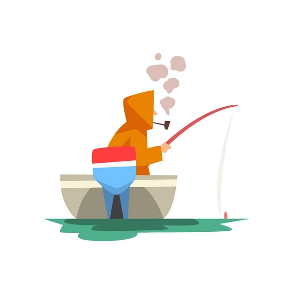 Fisherman Sitting in Boat with Fishing Rod, Fishman Character Wearing Raincoat Smoking Pipe Vector Illustration