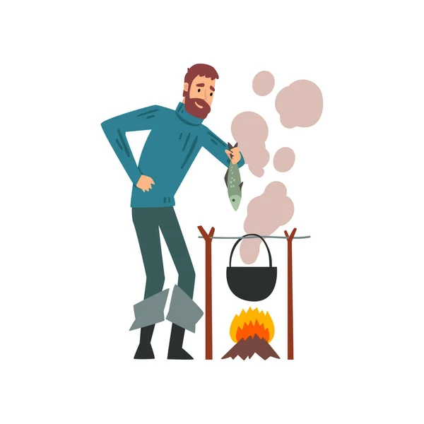 Soupe de poisson de cuisson de pêcheur dans le chaudron sur le feu de joie, Illustration vectorielle de personnage de poisson barbu — Image vectorielle
