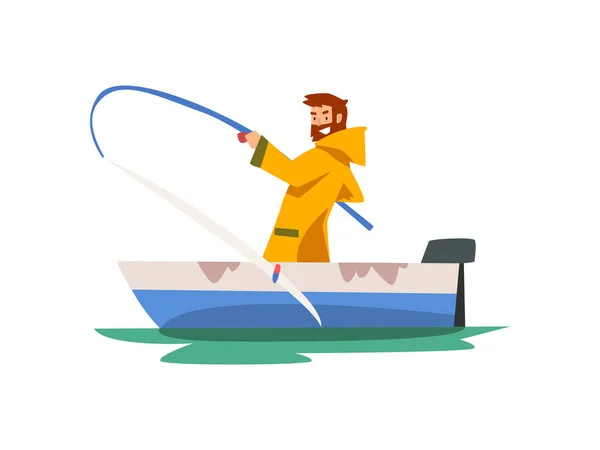 Balıkçı teknede oturan ve büyük balık çekme, Raincoat ve kauçuk Boots Fishman karakter vektör Illustration — Stok Vektör