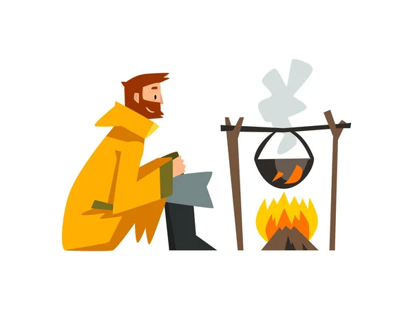 Fisherman Cooking Fish Soup in Cauldron Over Bonfire, Bearded Fishman Character in Raincoat and Rubber Boots Vector Illustration — Stock Vector