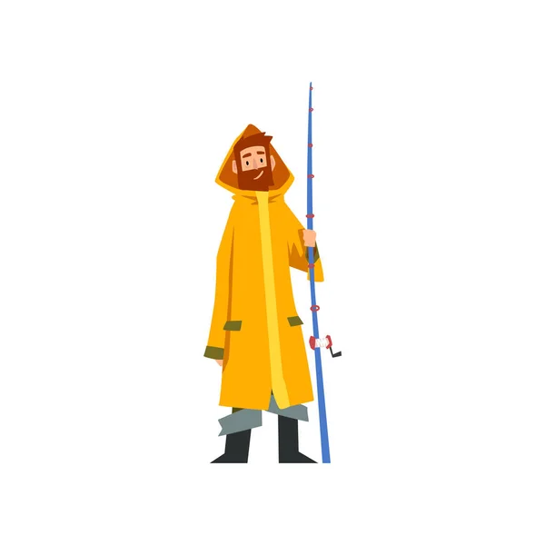 Fisherman Standing with Fishing Rod, Fishman Character in Raincoat and Rubber Boots Vector Illustration — 图库矢量图片