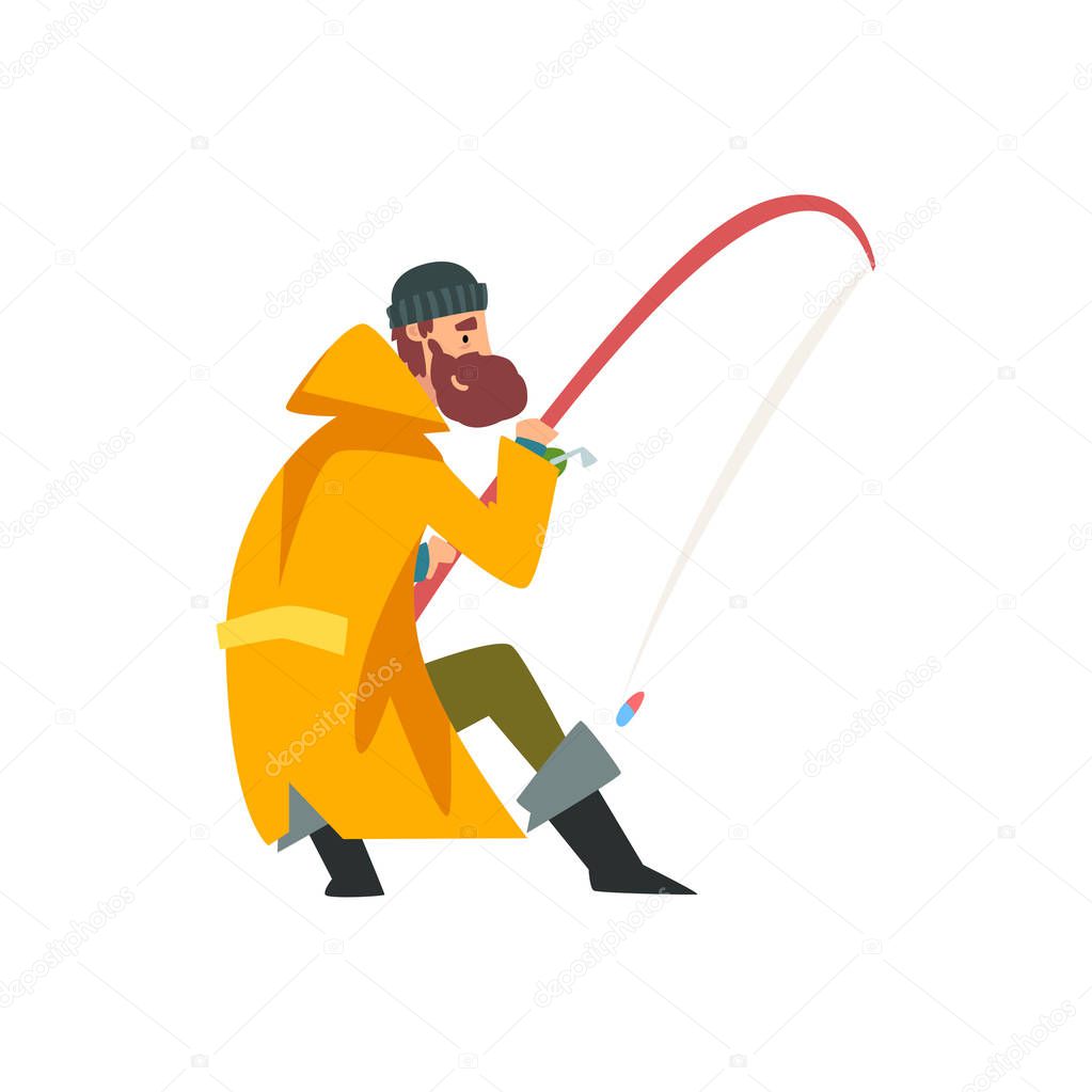 Fisherman Throwing Fishing Rod Into Water, Fishman Character Wearing Raincoat and Rubber Boots Vector Illustration