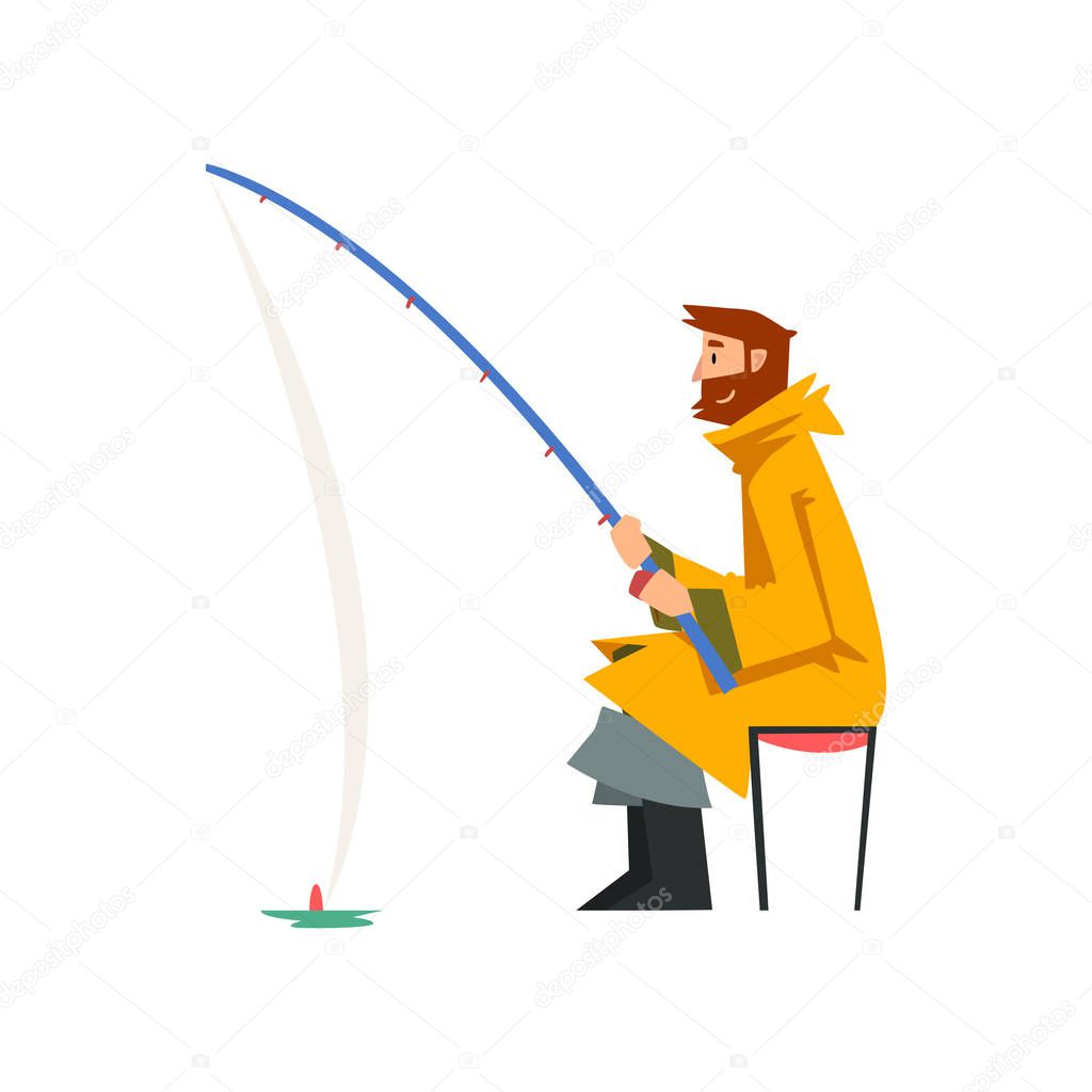 Fisherman Sitting on Shore with Fishing Rod, Fishman Character Wearing Raincoat and Rubber Boots Vector Illustration