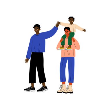 Sigara geleneksel erkek homoseksüel aile çift ve onların küçük oğul, Iki erkek ve kız, gay ebeveynler ile çocuk vektör Illustration