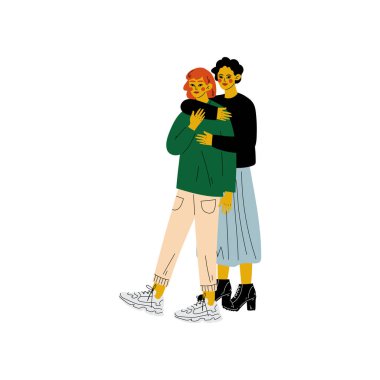 Lezbiyen çift, Iki mutlu kadın sarılmak, romantik homoseksüel Ilişki vektör Illüstrasyon
