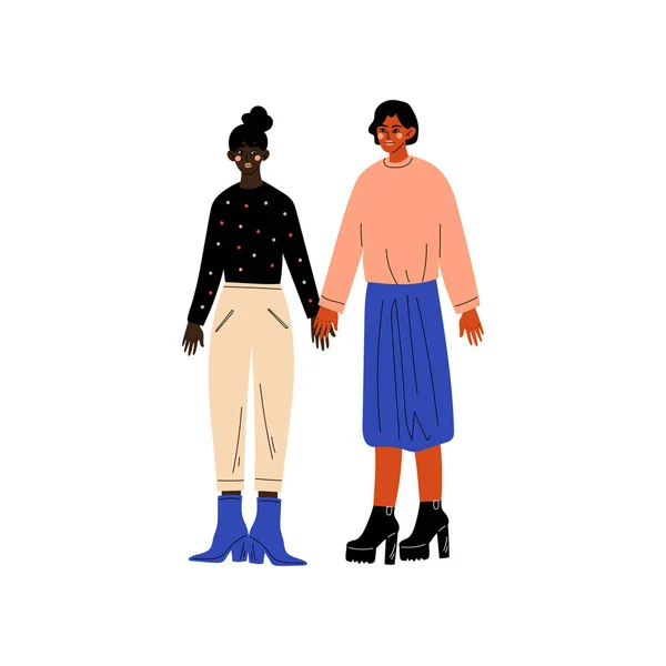 Šťastný lesbický pár, dvě ženy držící ruce, Romantický homosexuální vztah vektor — Stockový vektor