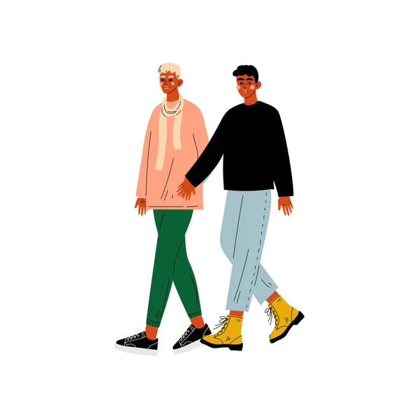 Felice gay maschio coppia, Due uomini che tengono le mani, romantico rapporto omosessuale vettoriale illustrazione — Vettoriale Stock