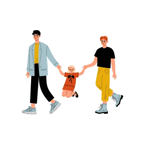 Couple familial homosexuel masculin non traditionnel et leur petite fille, parents gays avec illustration vectorielle enfant — Image vectorielle