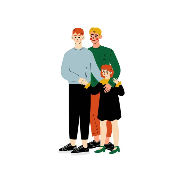 Familia gay, dos hombres y su hija de pie juntos, familia homosexual feliz con niño Vector ilustración — Vector de stock