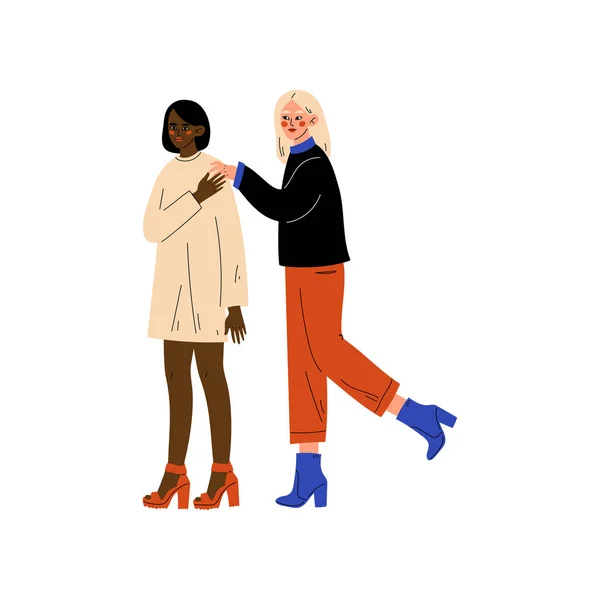 Pareja Lesbiana Interracial Feliz, Romántica Relación Homosexual Vector Illustration — Archivo Imágenes Vectoriales