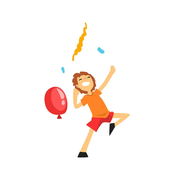 Szczęśliwy uśmiechnięty chłopiec z czerwonym balonem, Kid zabawy na urodziny, Carnival party lub Circus Performance wektor ilustracji — Wektor stockowy