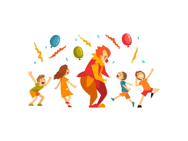 Cute Boys and Girl Celebrating Kids Party, Happy Children Having Fun with Clown at Birthday, Carnival Party or Circus Performance Vector Illustration — Stock Vector