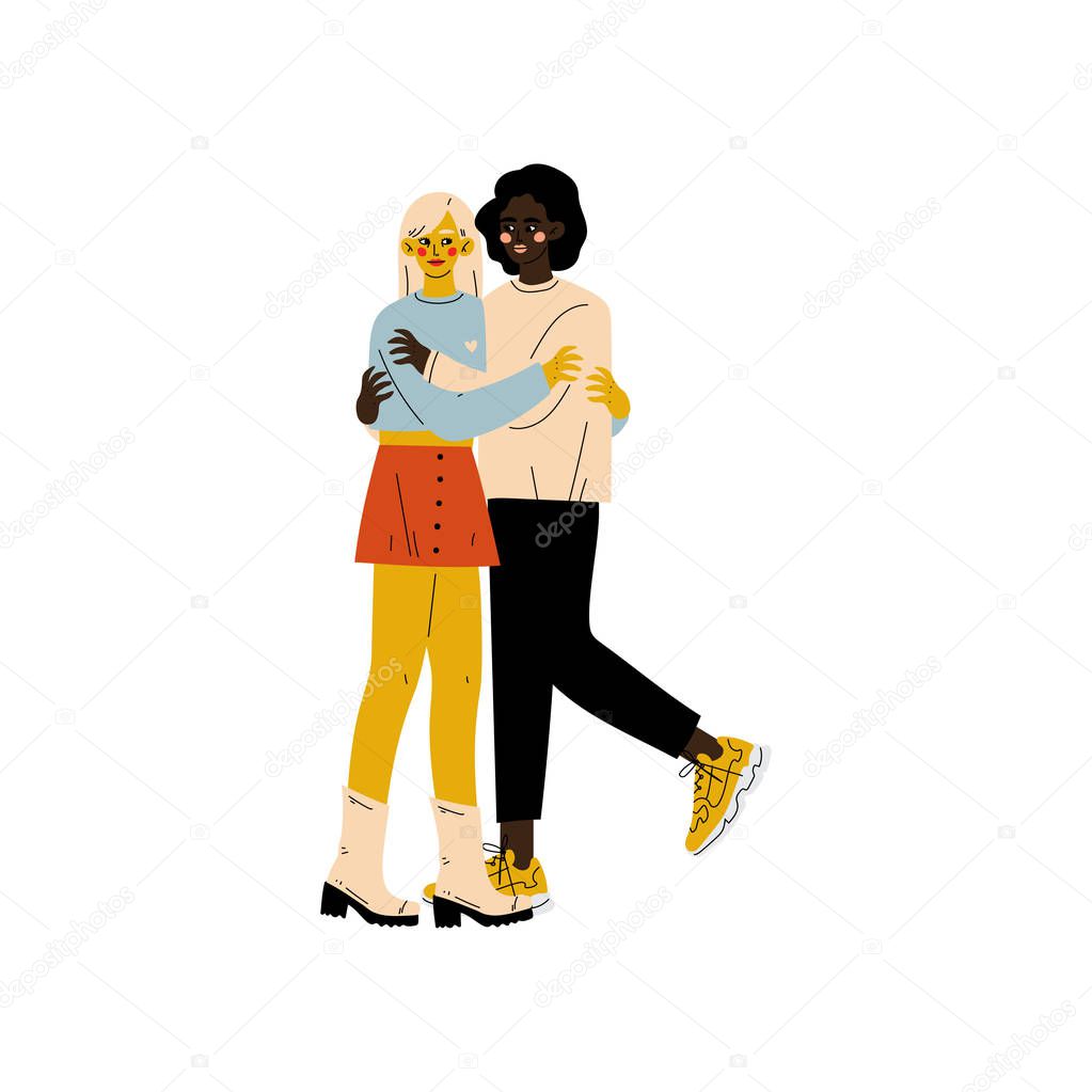 Happy Interracial Lesbian Couple, Two Hugging Women, Romantic Homosexual Relationship Vector Illustration