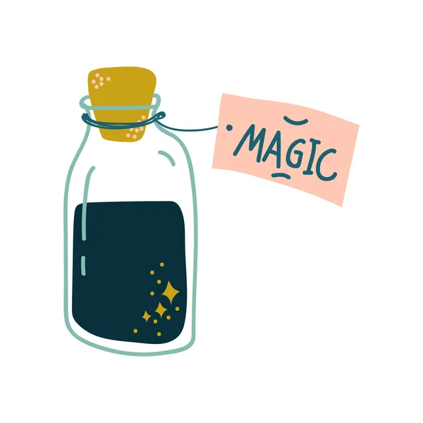 Botella de poción, frasco transparente de vidrio con líquido mágico negro, ilustración vectorial del atributo de la brujería — Vector de stock