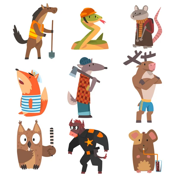 Zvířata různých profesí, kůň, had, krysa, liška, vlk, jelen, sova, bula, myš humanizovaná zvířata kreslené znaky Vector ilustrace — Stockový vektor