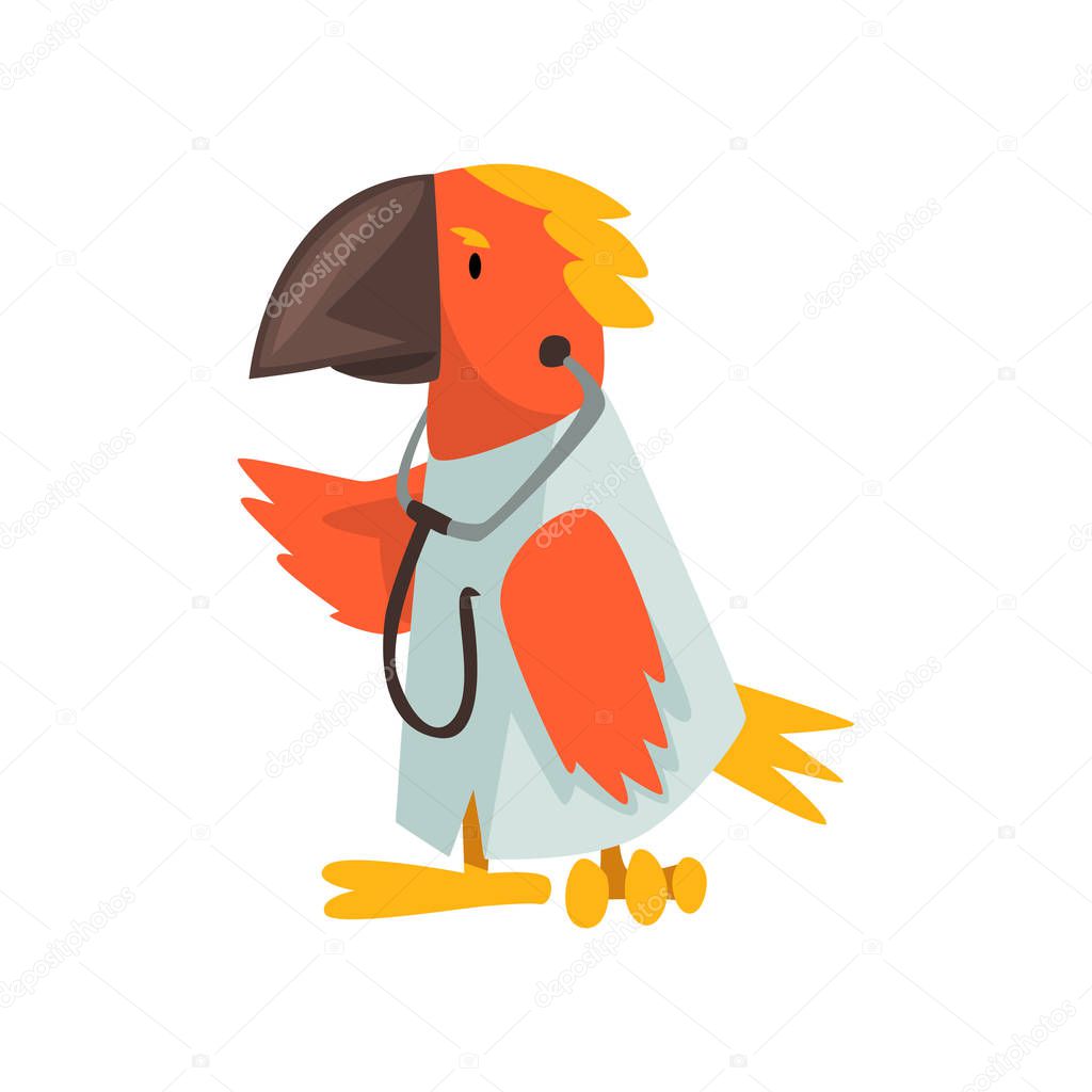 Parrot Doctor Wearing White Lab Coat with Stethoscope, Cute Humanized Animal Cartoon Character Vector Illustration