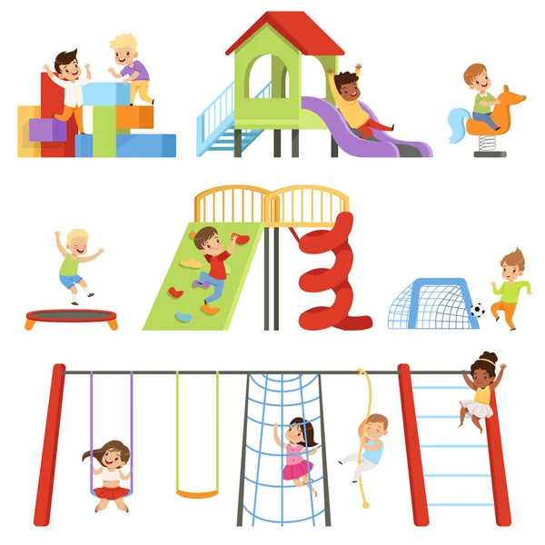 Kinderen spelen op speelplaats set, kinderen swingende op swing, klimmen ladder, Paardrijden springpaard Zie zag vectorillustraties op een witte achtergrond — Stockvector