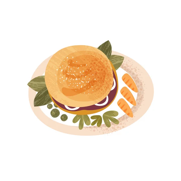 Assiette avec un grand hamburger appétissant décoré de légumes verts et de carottes. Délicieux petit déjeuner. Icône vectorielle plate avec texture — Image vectorielle
