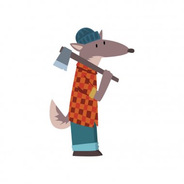 Balta ile Wolf Lumberjack, sevimli Humanized hayvan karikatür karakter vektör Illüstrasyon