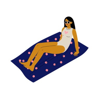 Güneş gözlüğü kız onu havlu güneşlenme üzerinde yatıyor, güzel kadın plaj yaz tatillerinde rahatlatıcı vektör Illüstrasyon