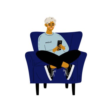 Genç adam oturma içinde akıllı telefon, Guy harcama Weekend evde ve rahatlatıcı, Rest ev vektör Illustration