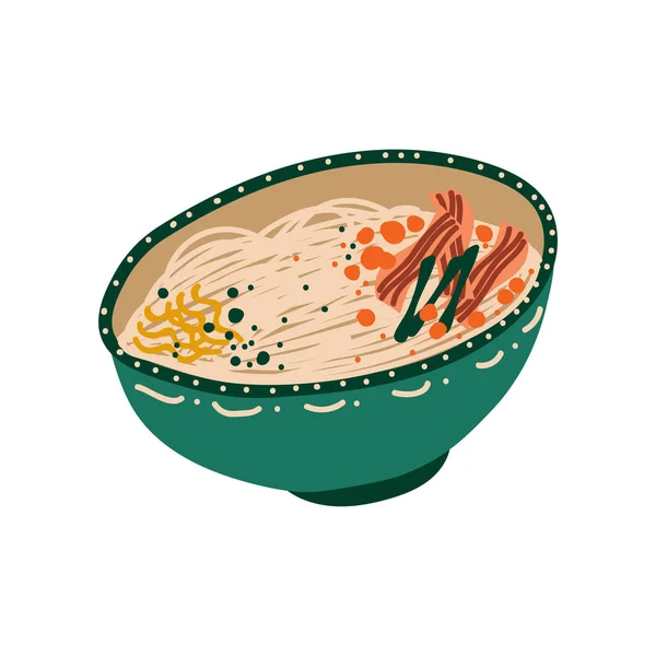 고기, 중국 전통 또는 일본 음식, 라면 국수 벡터 일러스트 레이 션과 국수의 녹색 그릇 — 스톡 벡터