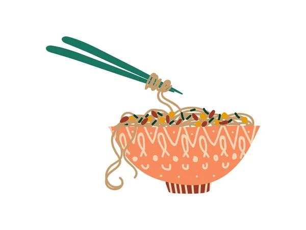 Tigela de macarrão com legumes, comida tradicional chinesa ou japonesa, Ramen Noodles Vector Ilustração — Vetor de Stock