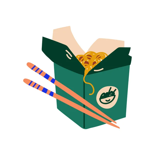 Grön takeaway kartong med nudlar med grönsaker och ätpinnar, traditionell kinesisk eller japansk mat vektor illustration — Stock vektor