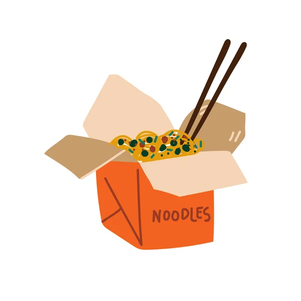 야채와 젓가락, 전통 중국 또는 일본 음식 벡터 일러스트와 국수의 테이크아웃 판지 상자 — 스톡 벡터