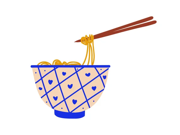 陶瓷碗面条汤与筷子, 中餐或日本食品, 拉面矢量插图 — 图库矢量图片