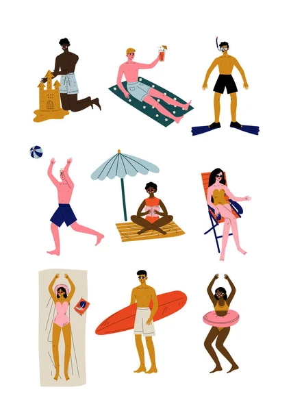 Personas que se relajan en la playa en vacaciones de verano, hombres y mujeres jóvenes de diferentes nacionalidades realizando actividades al aire libre de ocio Vector Ilustración — Vector de stock