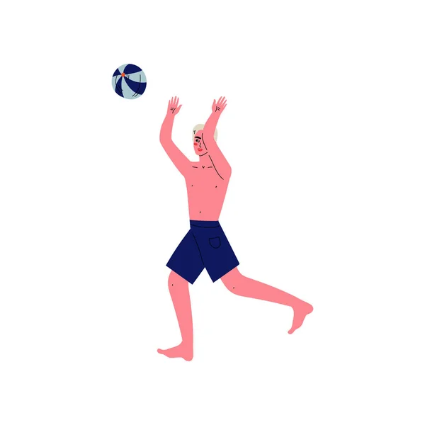 Young Man Playing Beach Volleyball, Guy Relaxing on Beach on Summer Vacations Vector Illustration — Stock Vector