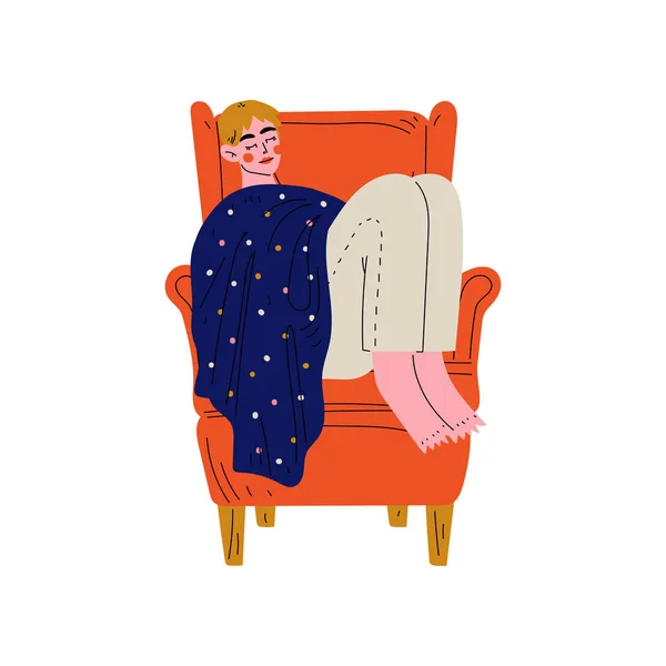 Jonge man slapen in fauteuil onder deken, Guy uitgaven weekend thuis en ontspannen vector illustratie — Stockvector