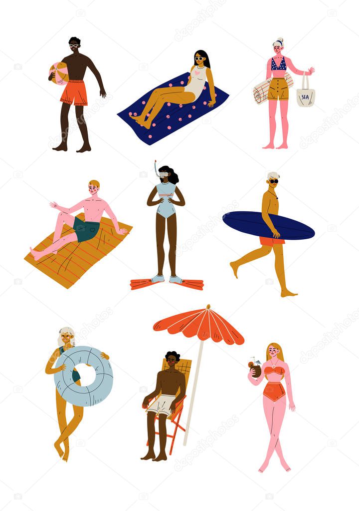 People Relaxing on Beach on Summer Vacations Set, Young Men and Women Performing Leisure Outdoor Activities Vector Illustration