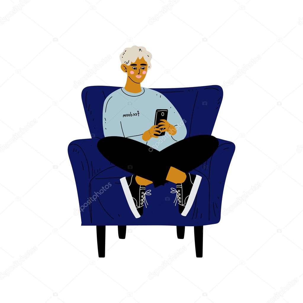 Young Man Sitting in Armchair with Smartphone, Guy Spending Weekend at Home and Relaxing, Rest at Home Vector Illustration