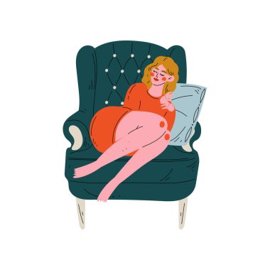 Genç kadın uyku üzerinde koltuk üzerinde yastık, kız harcama hafta sonu evde ve rahatlatıcı vektör Illustration