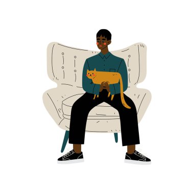 Evde kedi ile koltukta oturan genç Afrikalı Amerikan adam, ev ve rahatlatıcı, ev vektör Illustration Rest adam harcama Weekend