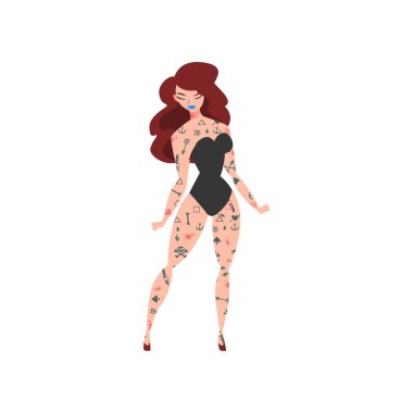 Dövme ile genç kadın, vektör Illustration Ile siyah Iç çamaşırı bodysuit giyen güzel dövmeli kız