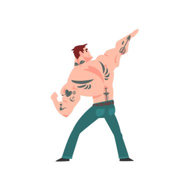 Dövme ile Brutal kaslı adam, çıplak göğüs ile çekici dövmeli adam, geri görünüm vektör Illüstrasyon