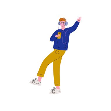 Modern giyim kulaklık ile müzik dinleme adam, Elektronik Gadget vektör Illustration ile trendy yaratıcı genç adam