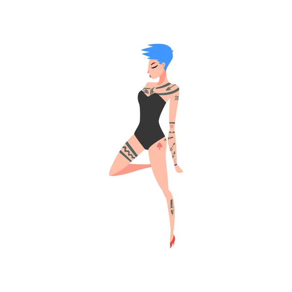 Mladá žena s tetováním, krásná tetovaná dívka oblečená v černém spodním prádle s krátkými barevnými barvami na vlasy ilustrace — Stockový vektor