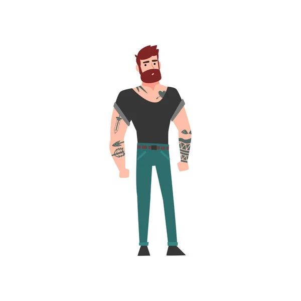 Muscolare Hipster barbuto uomo con tatuaggio, attraente tatuaggio ragazzo vettoriale illustrazione — Vettoriale Stock