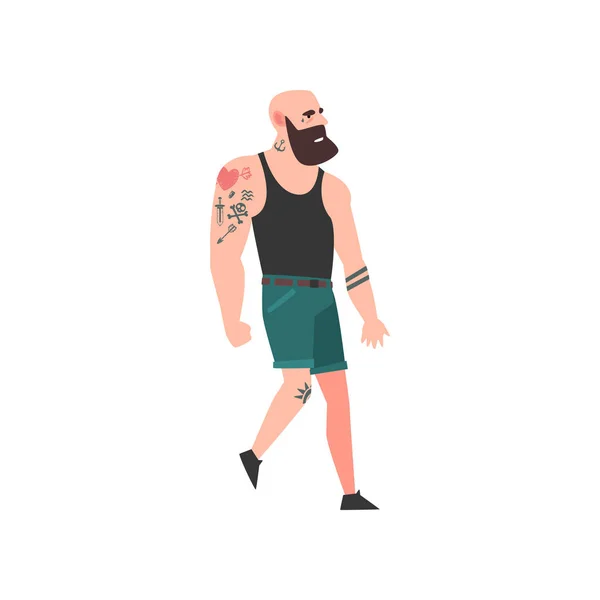 Muscular Brutal Bald Bearded Man, Attractive Tattooed Guy Wearing Black Sleeveless Shirt and Shorts Vector Illustration