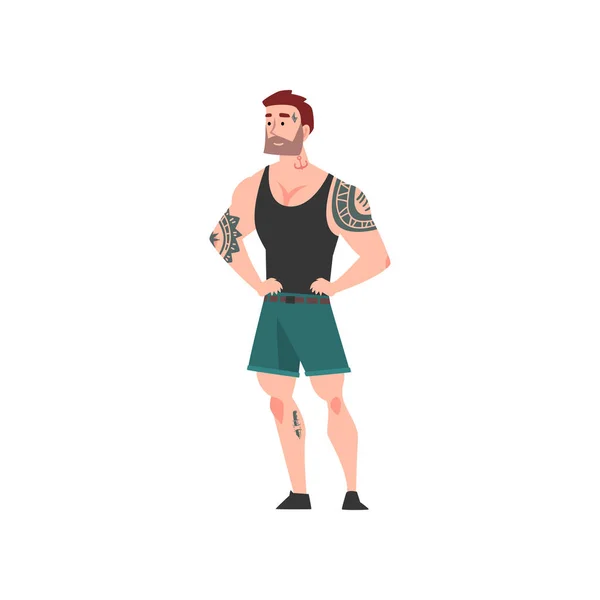 Uomo muscoloso barbuto con tatuaggio, attraente ragazzo tatuato che indossa camicia nera senza maniche e pantaloncini vettoriale illustrazione — Vettoriale Stock