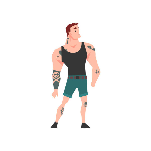 Brutal Muscular Man with Tattoo, Attractive Tattooed Guy Wearing Black Sleeveless Shirt Vector Illustration